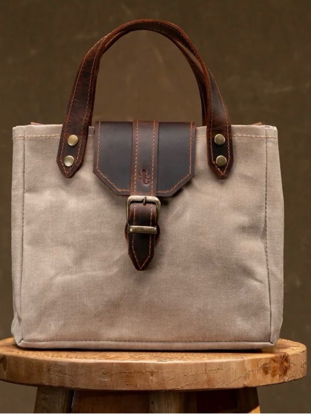 NWOT Semender Leather Goods Daisy Bag - Beige Canvas & Brown Leather